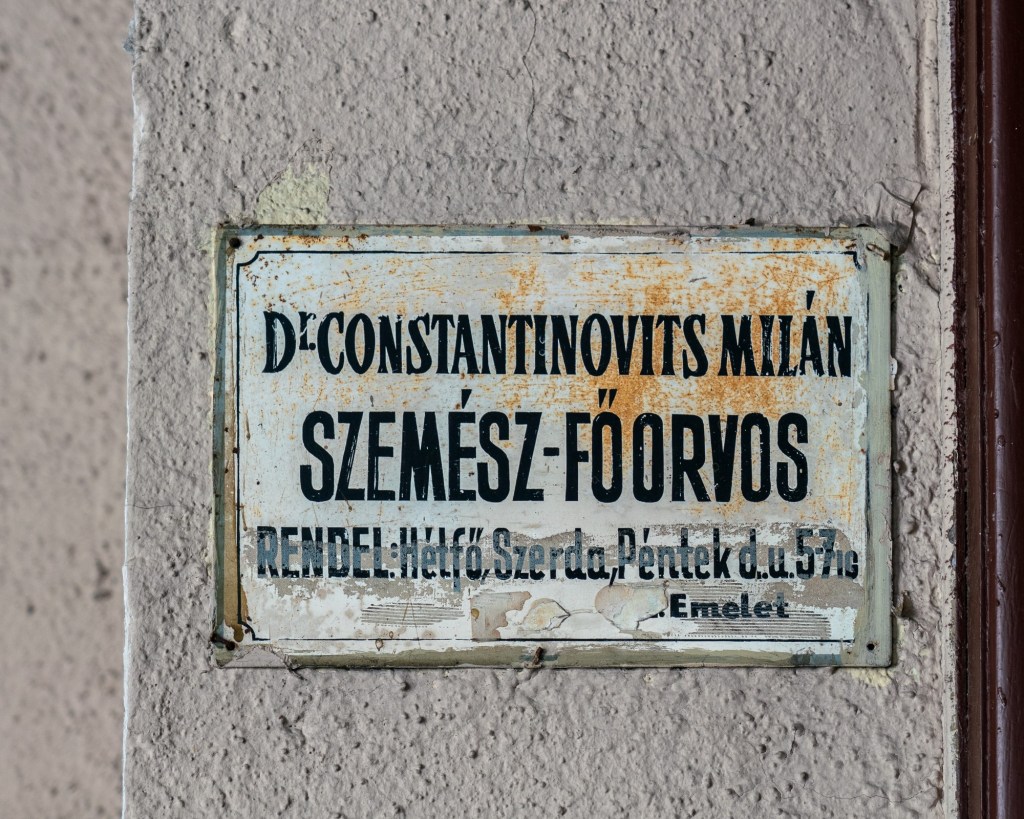 Old sign of Dr. Constantinovits Mihály in Józsefváros, Budapest