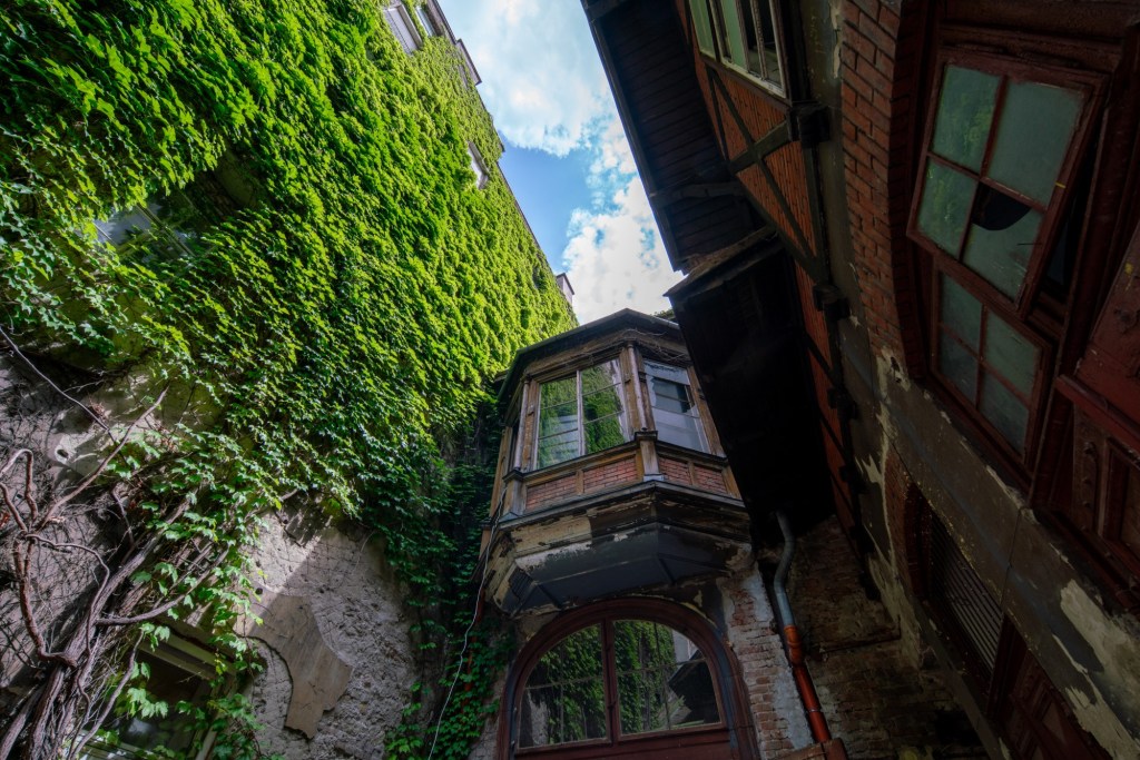 Detail of the old courtyard of an abandoned mansion in Budapest