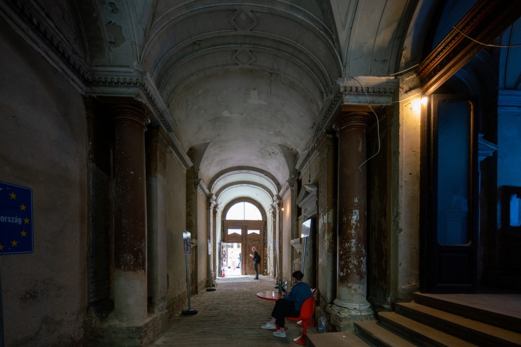 Interior of an abandoned mansion in Budapest where the famous racehorse Kincsem used to live.