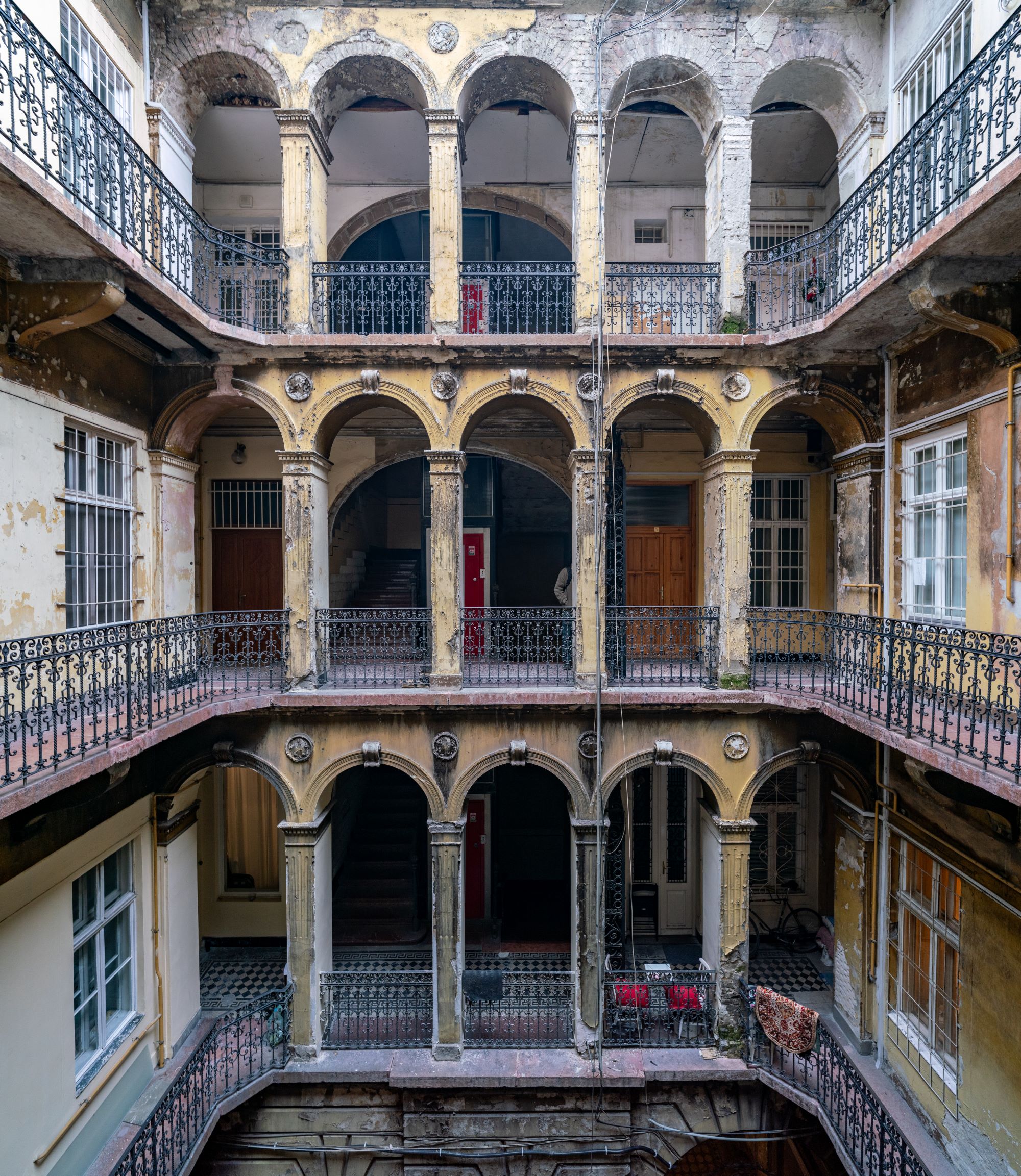 Courtyard of a 19th-century decaying old house in the center of Budapest.