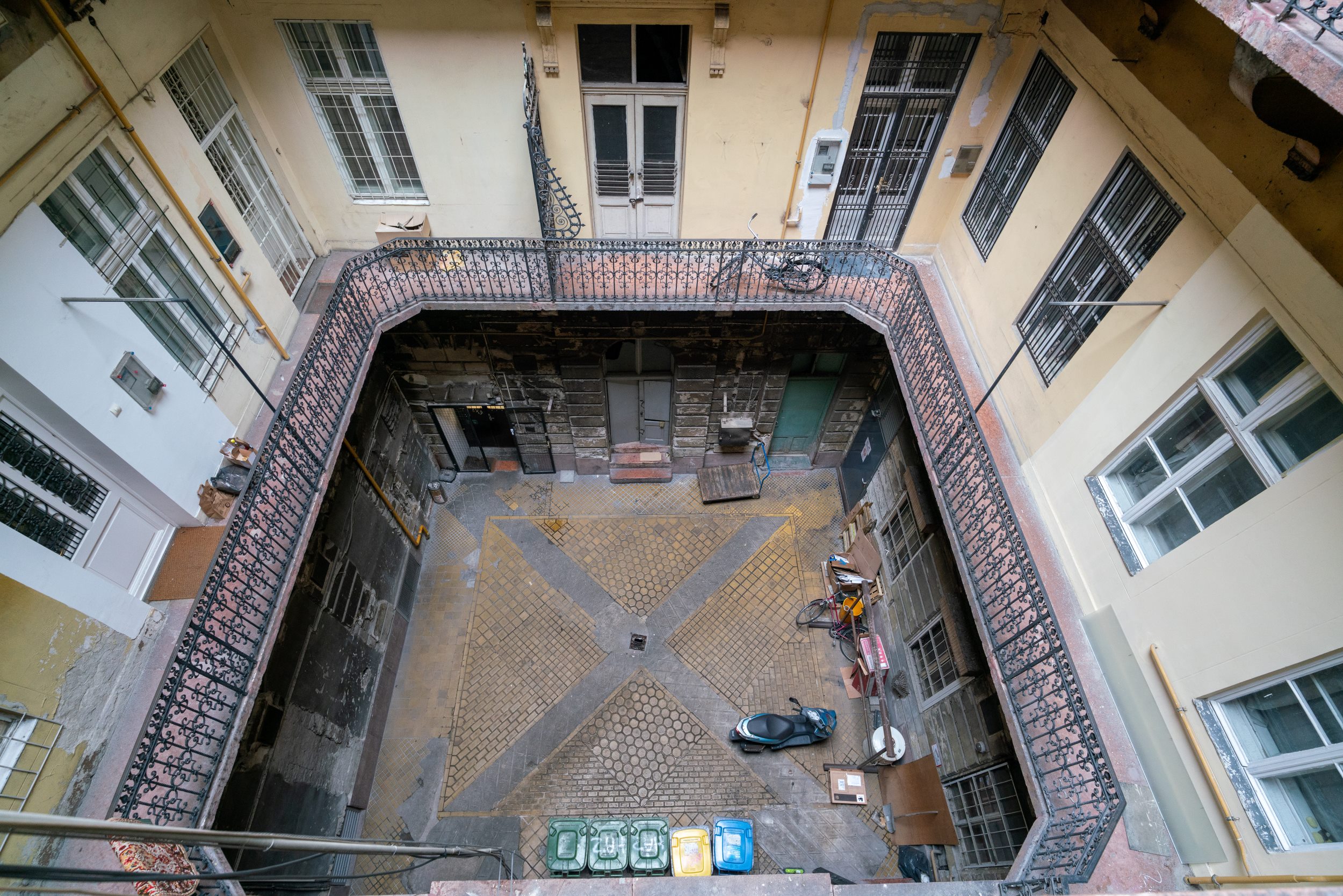 Courtyard of a 19th-century decaying old house in the center of Budapest.