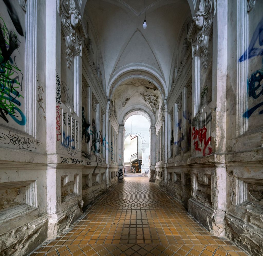 Interior of a decaying building in Budapest designed by the famous architect Lipót Baumhorn