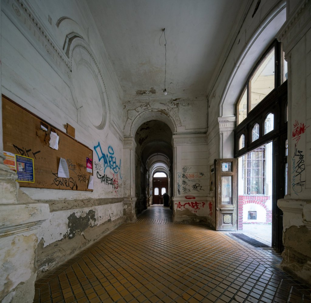 Interior of a decaying building in Budapest designed by the famous architect Lipót Baumhorn