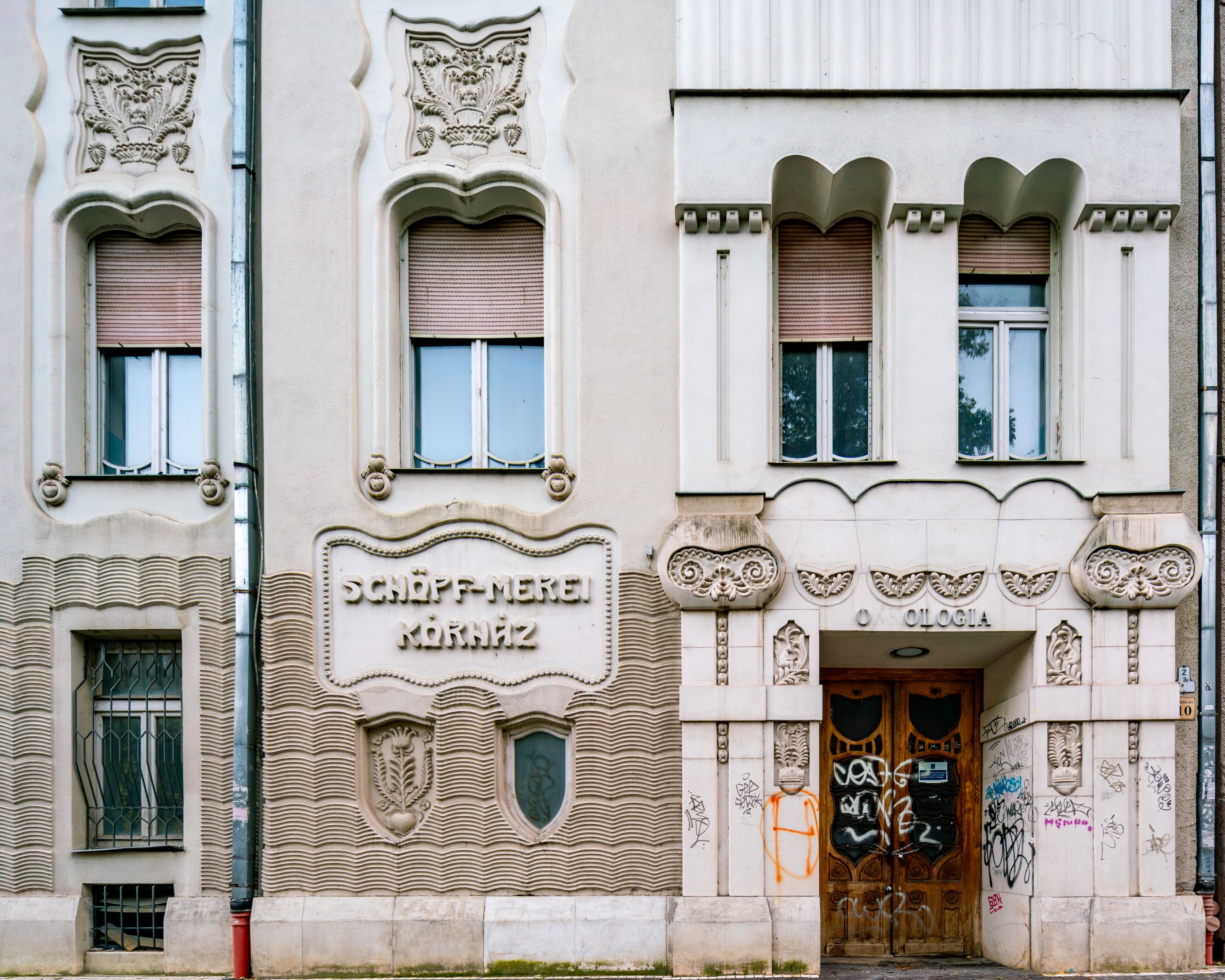 Art Nouveau facade of the abandoned Schöpf-Merei Hospital