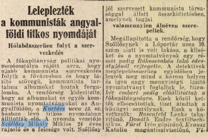 Newspaper article - Budapest Kartács utca 13
