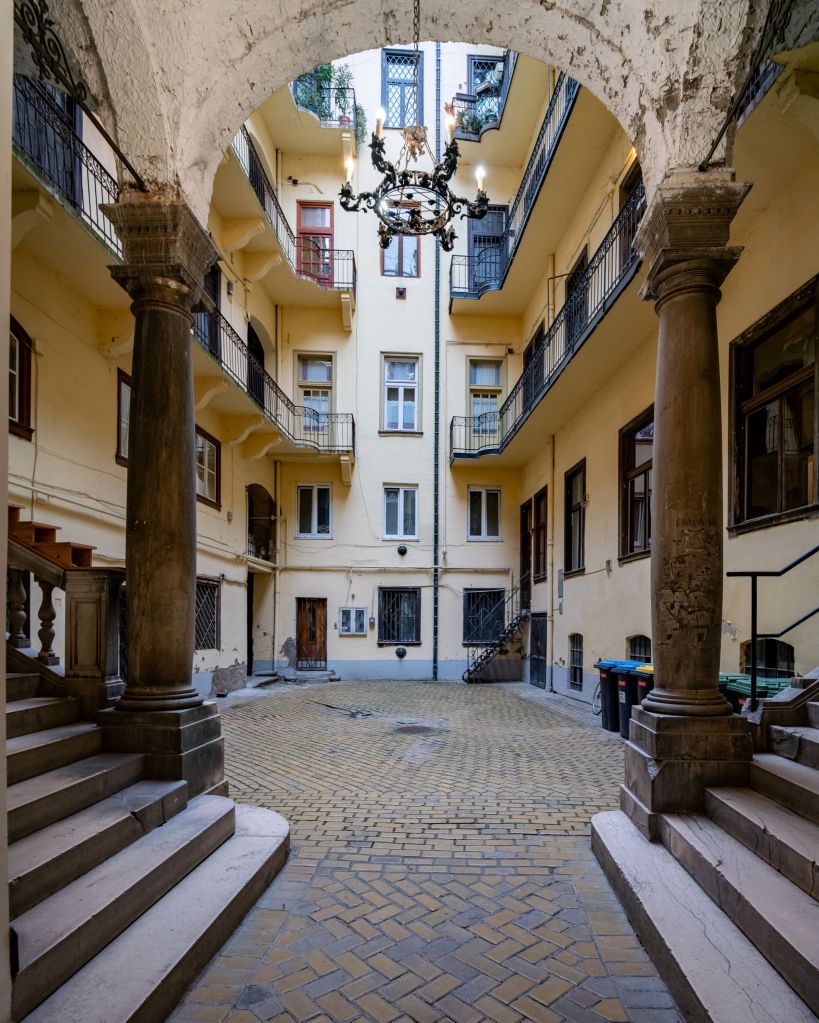 Interior of a historical house on Bem rakpart, in Budapest