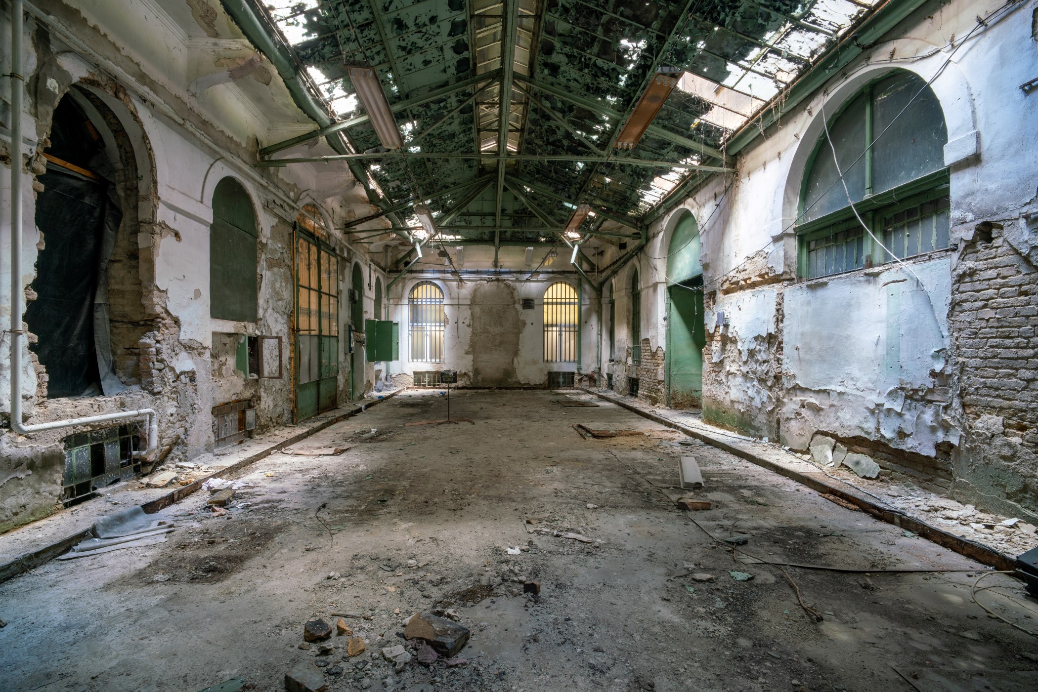The abandoned courtyard of Paulay Ede utca 25-27 in Budapest. This residential building from 1890 is known as the "Üveg-Udvar" - "Glass Courtyard".
